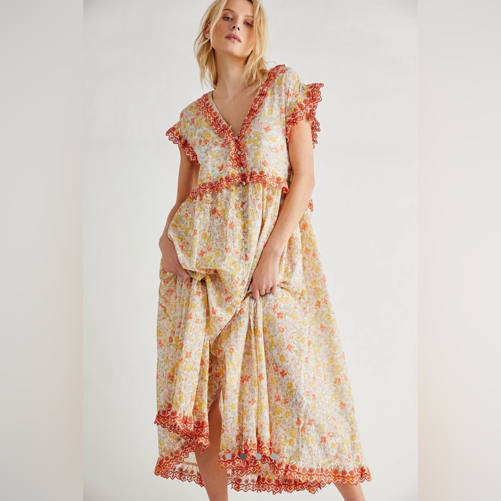 Free People Floral Maxi Dress with Red Accents
